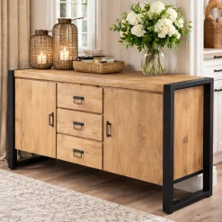 Buffet en bois clair et métal noir 2 portes MILORA