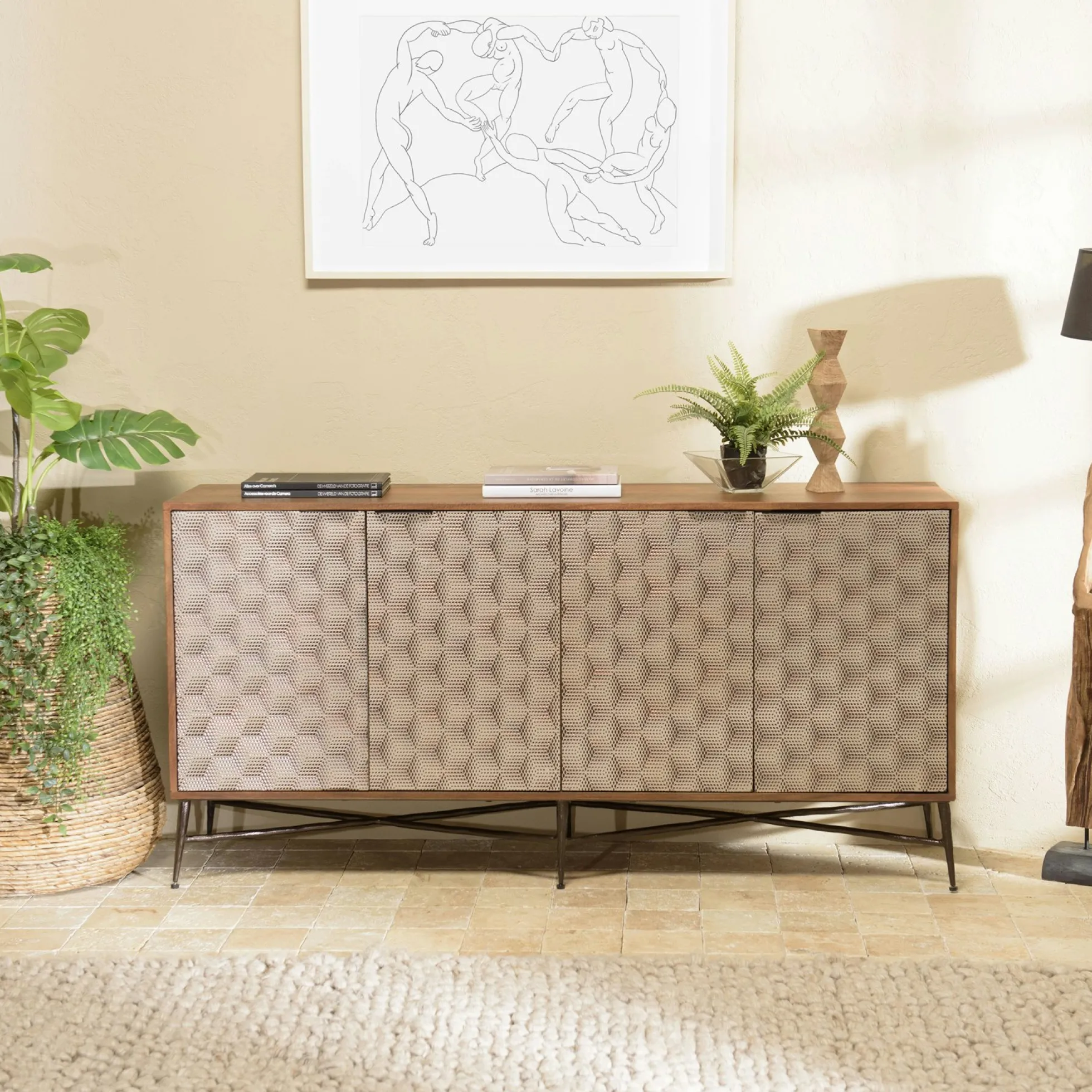 Buffet en bois 4 portes motifs graphiques KANHA