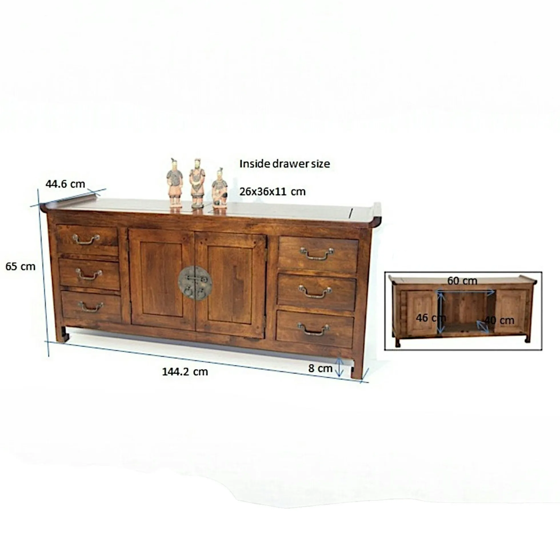 Buffet / Enfilade Chinois Hévéa 2 portes, 6 tiroirs 145x45x65cm MAORI