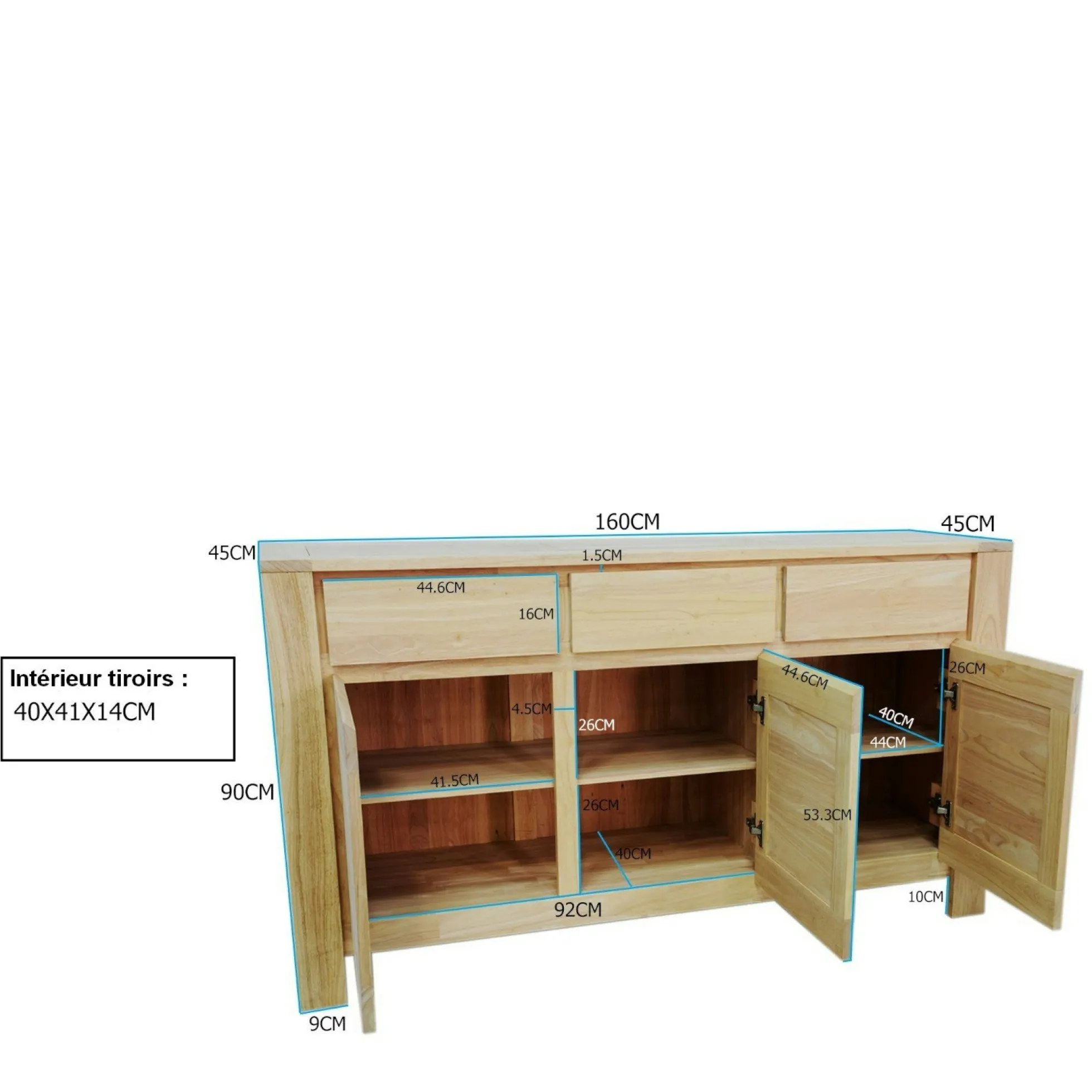 Buffet Enfilade Hévéa 3 portes, 3 tiroirs, 160x45x90cm OLGA