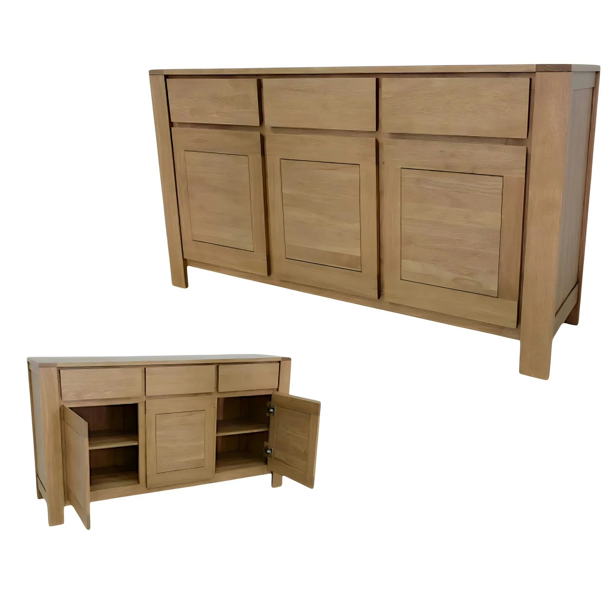 Buffet Enfilade Hévéa 3 portes, 3 tiroirs, 160x45x90cm OLGA