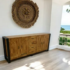 Buffet enfilade hévéa recyclé naturel et métal noirci4 tiroirs 4 portes 220X45X90cm DOCKER