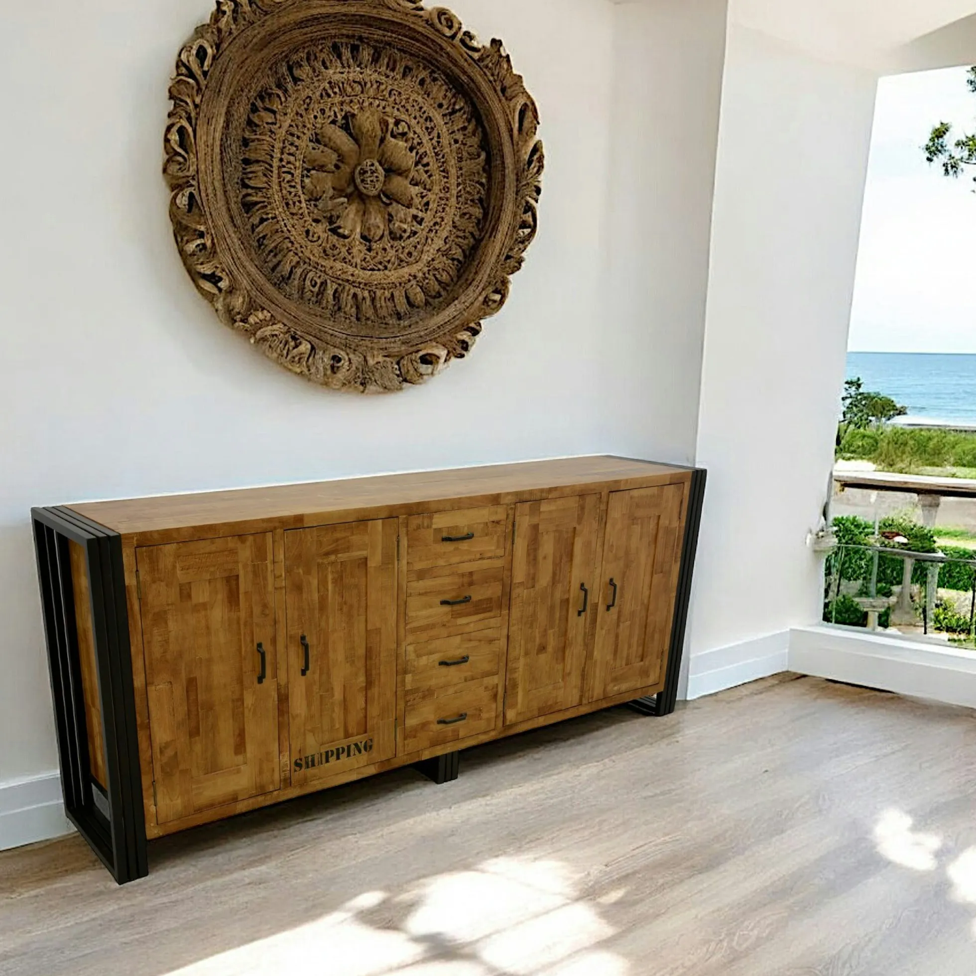 Buffet enfilade hévéa recyclé naturel et métal noirci4 tiroirs 4 portes 220X45X90cm DOCKER