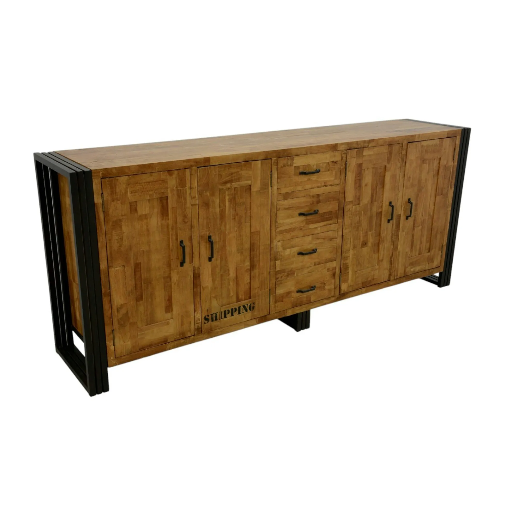 Buffet enfilade hévéa recyclé naturel et métal noirci4 tiroirs 4 portes 220X45X90cm DOCKER