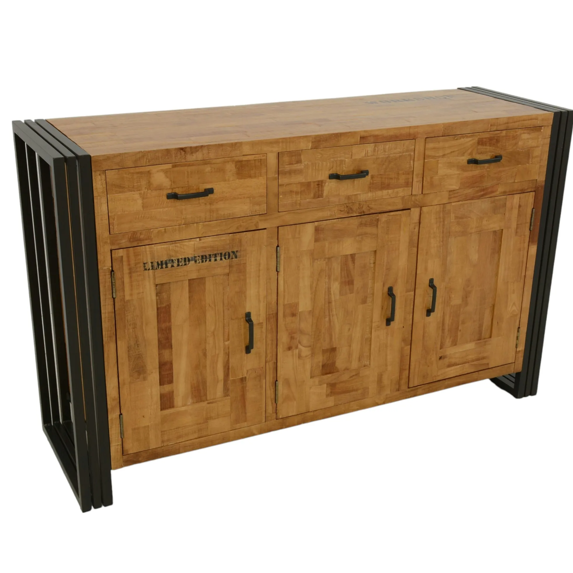 Buffet enfilade hévéa recyclé naturel et métal noirci 3 tiroirs 3 portes 150X45X90cm DOCKER