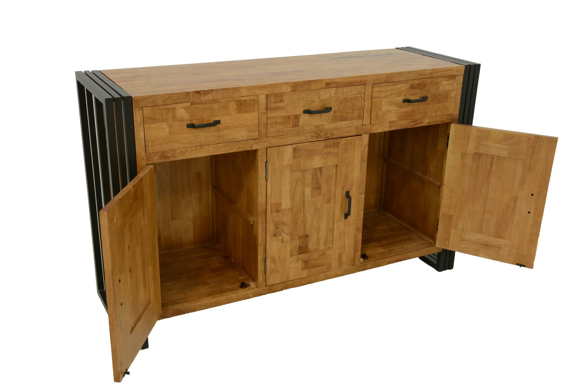 Buffet enfilade hévéa recyclé naturel et métal noirci 3 tiroirs 3 portes 150X45X90cm DOCKER