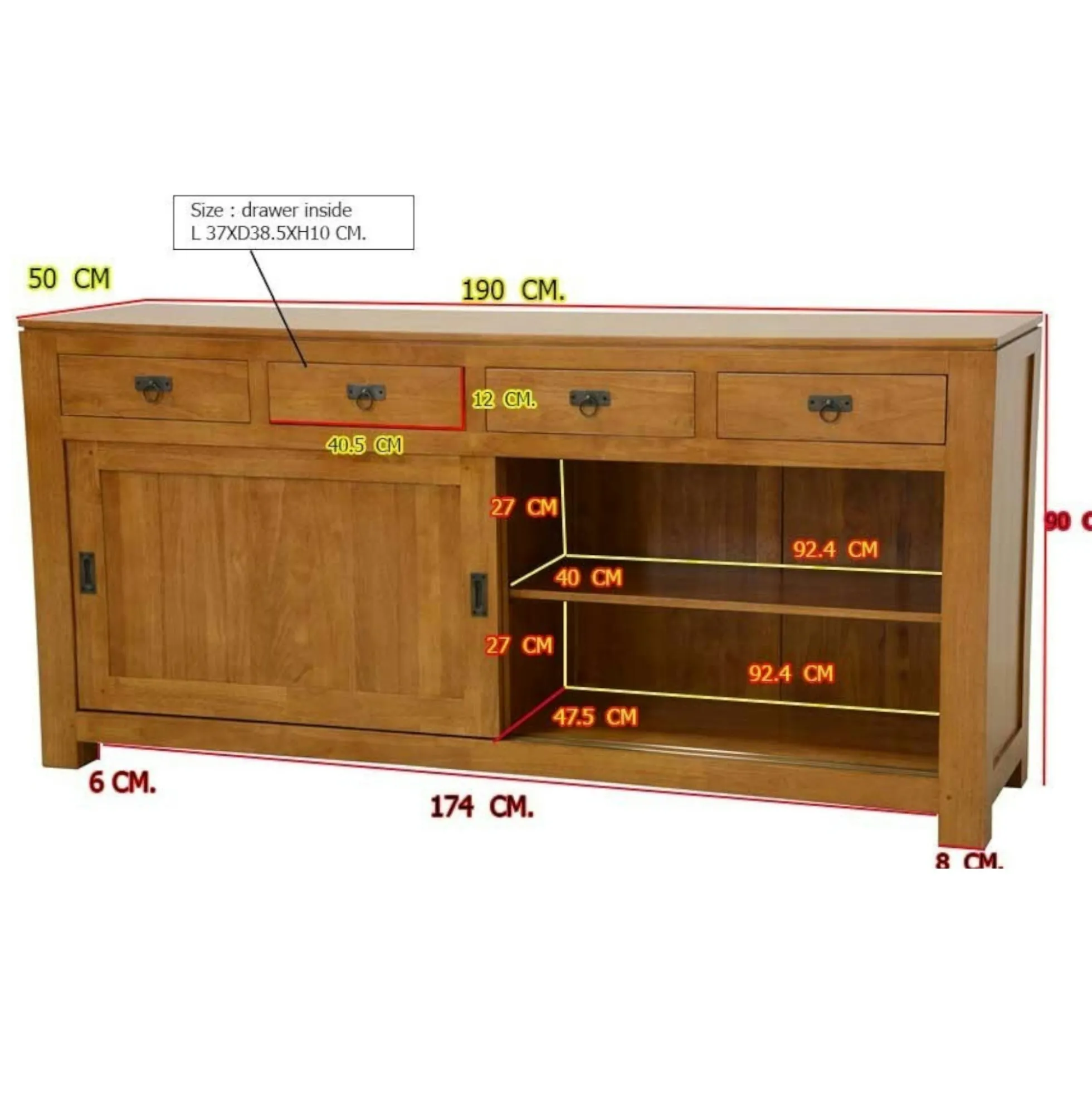Buffet enfilade portes coulissantes hévéa 190cm HELENA
