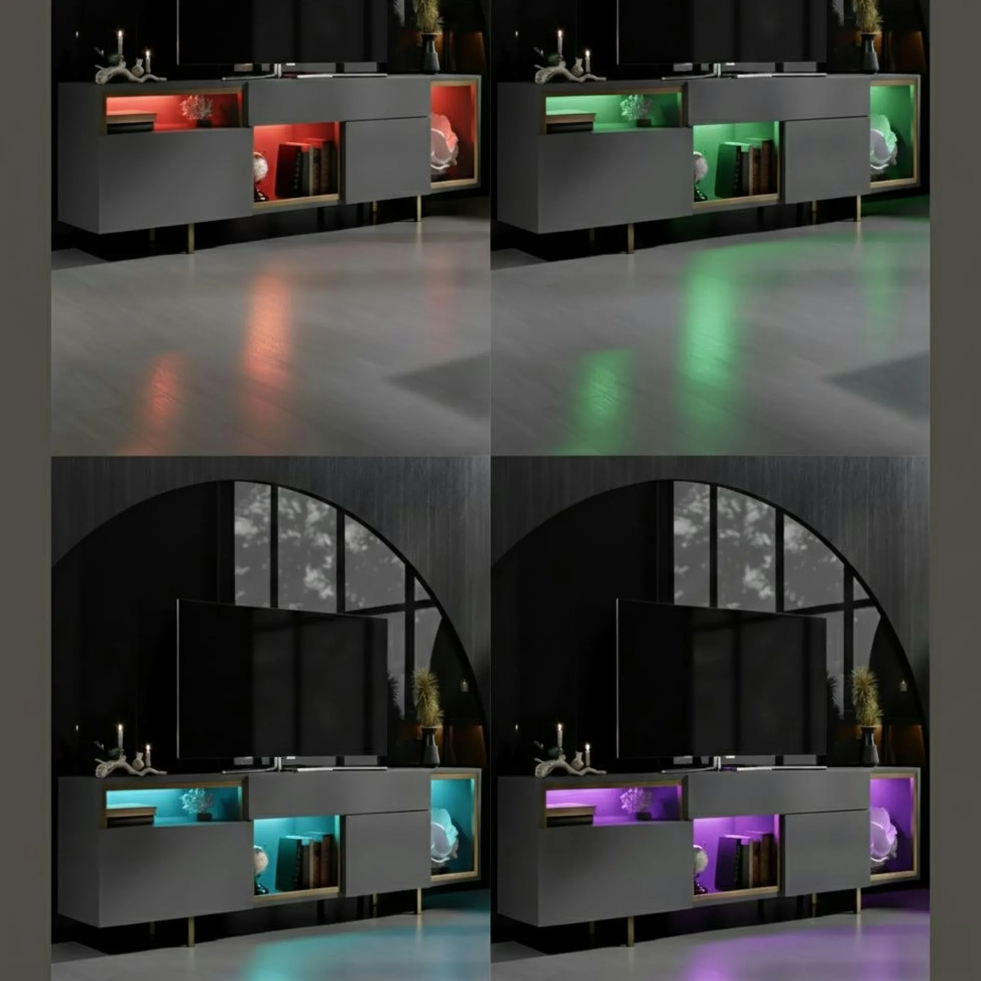 buffet gris foncé et doré 2 portes 3 niches LED AURA