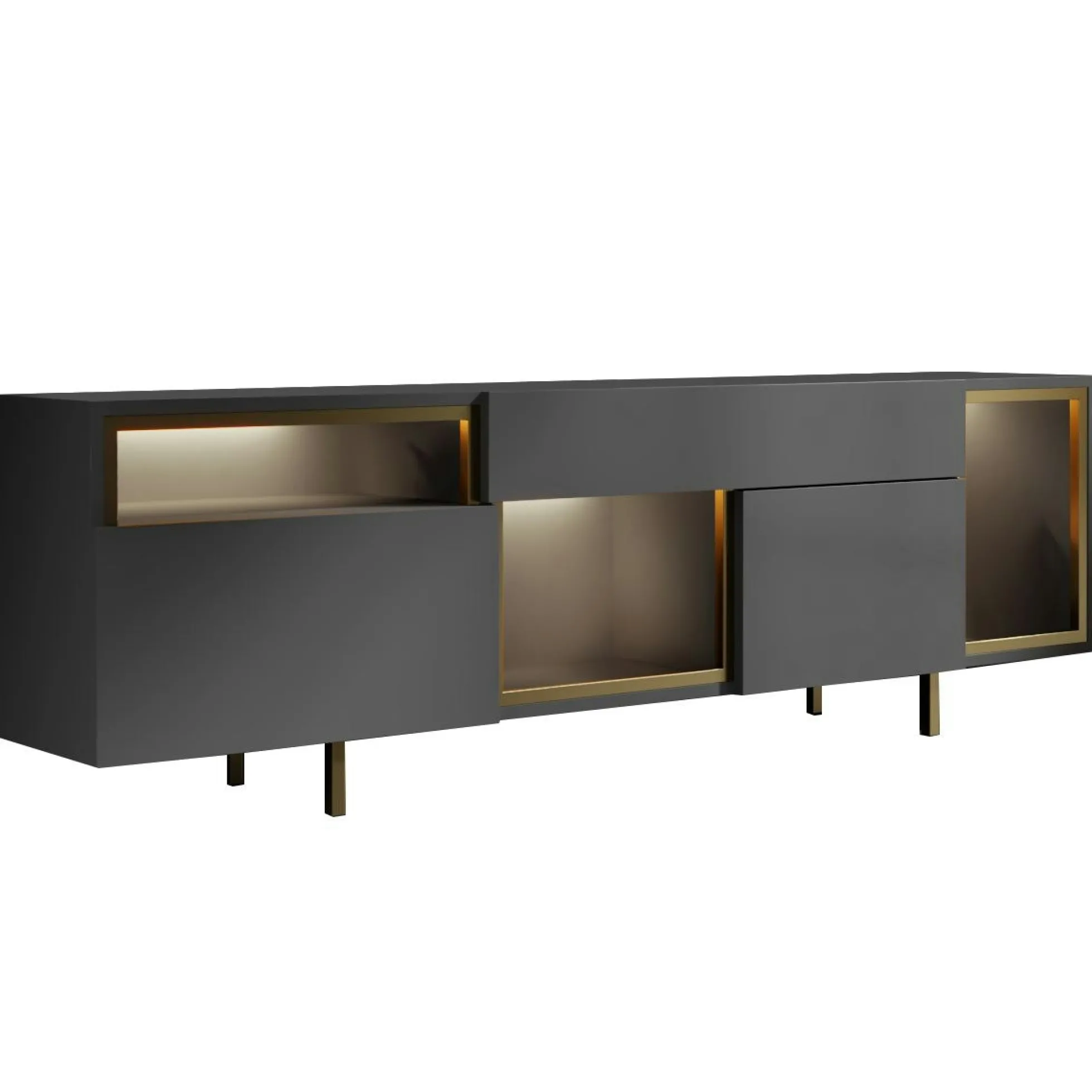 buffet gris foncé et doré 2 portes 3 niches LED AURA