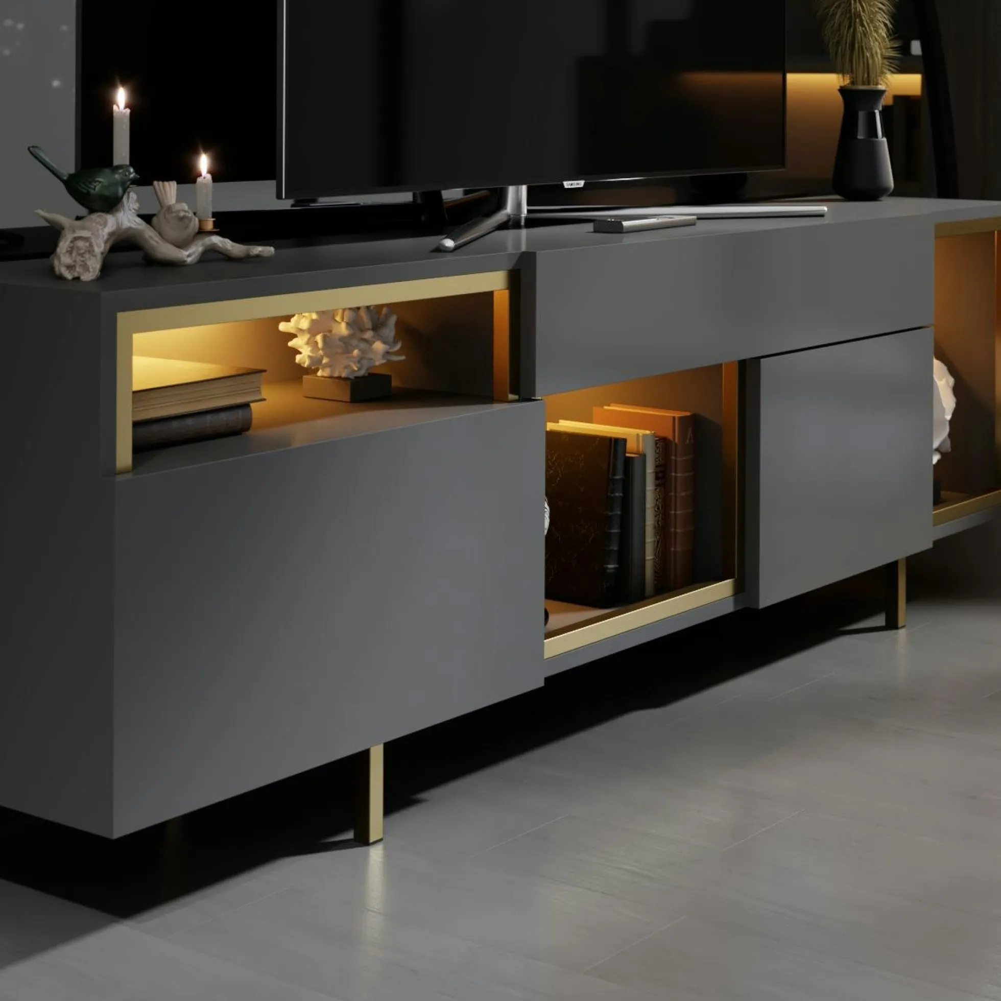 buffet gris foncé et doré 2 portes 3 niches LED AURA