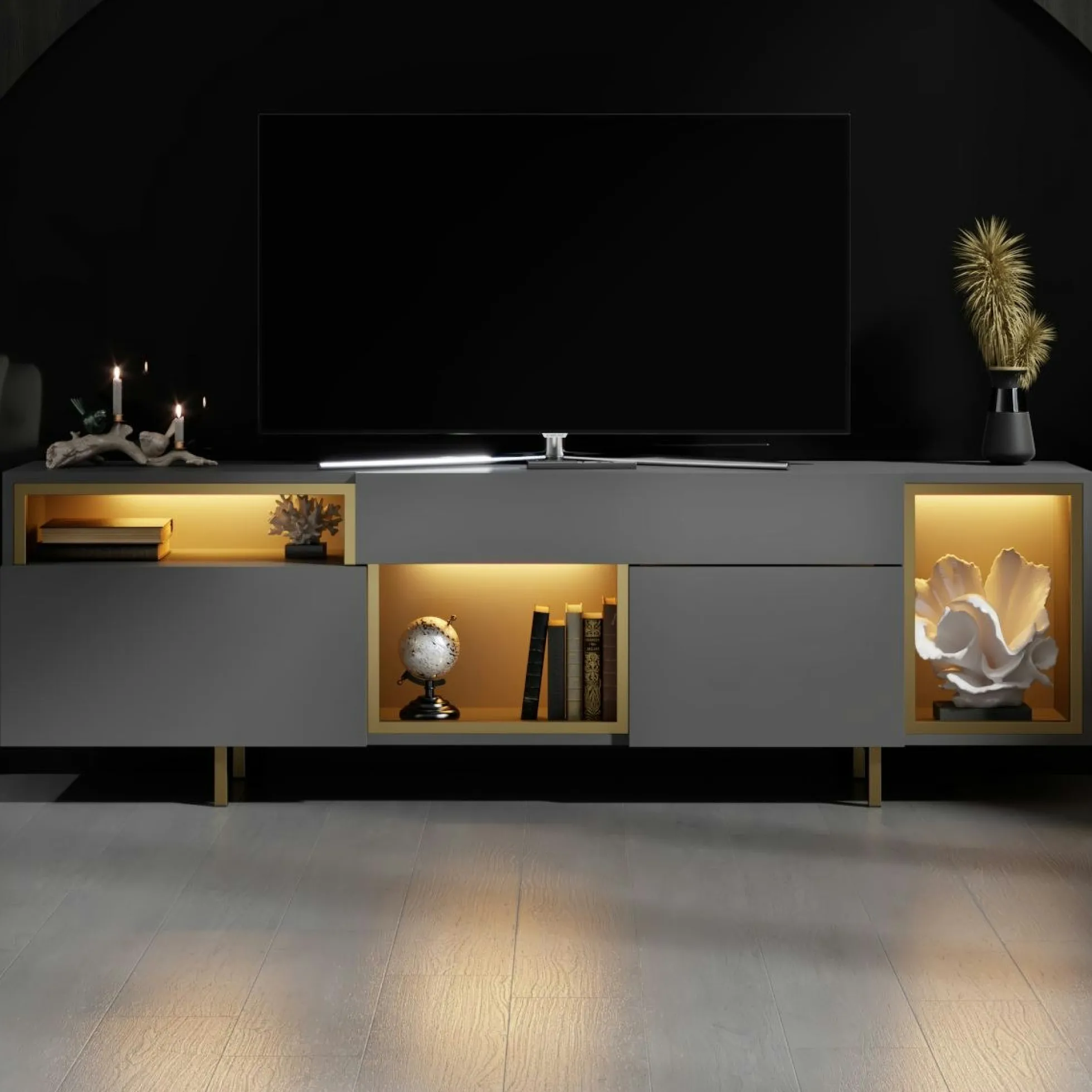 buffet gris foncé et doré 2 portes 3 niches LED AURA