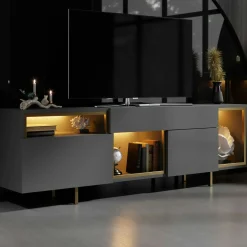 buffet gris foncé et doré 2 portes 3 niches LED AURA