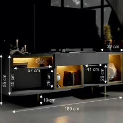 buffet gris foncé et doré 2 portes 3 niches LED AURA