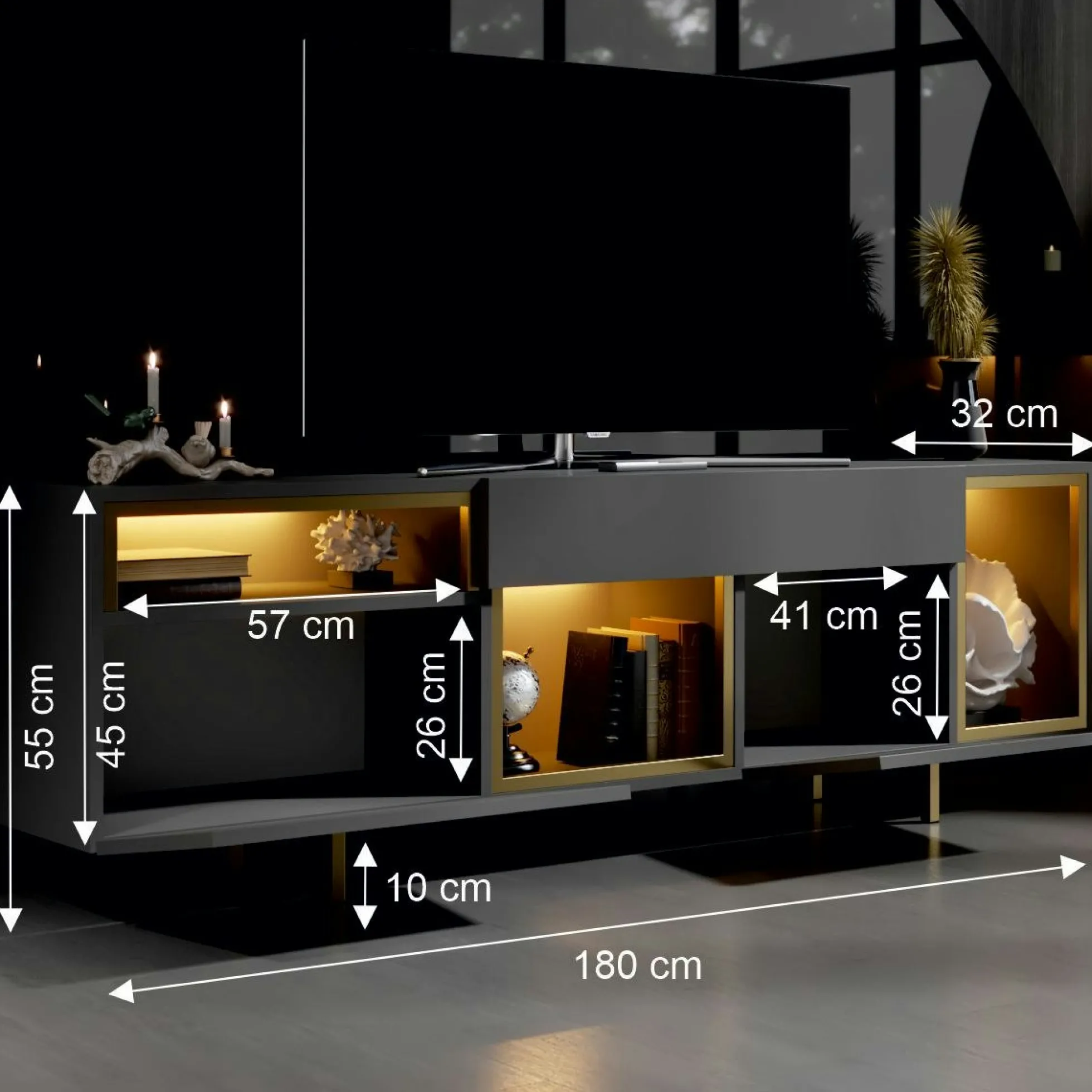 buffet gris foncé et doré 2 portes 3 niches LED AURA