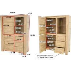 Buffet haut / Bibliothèque Hévéa 2 portes, 3 tiroirs, 2 niches 120x45x162cm ATTAN