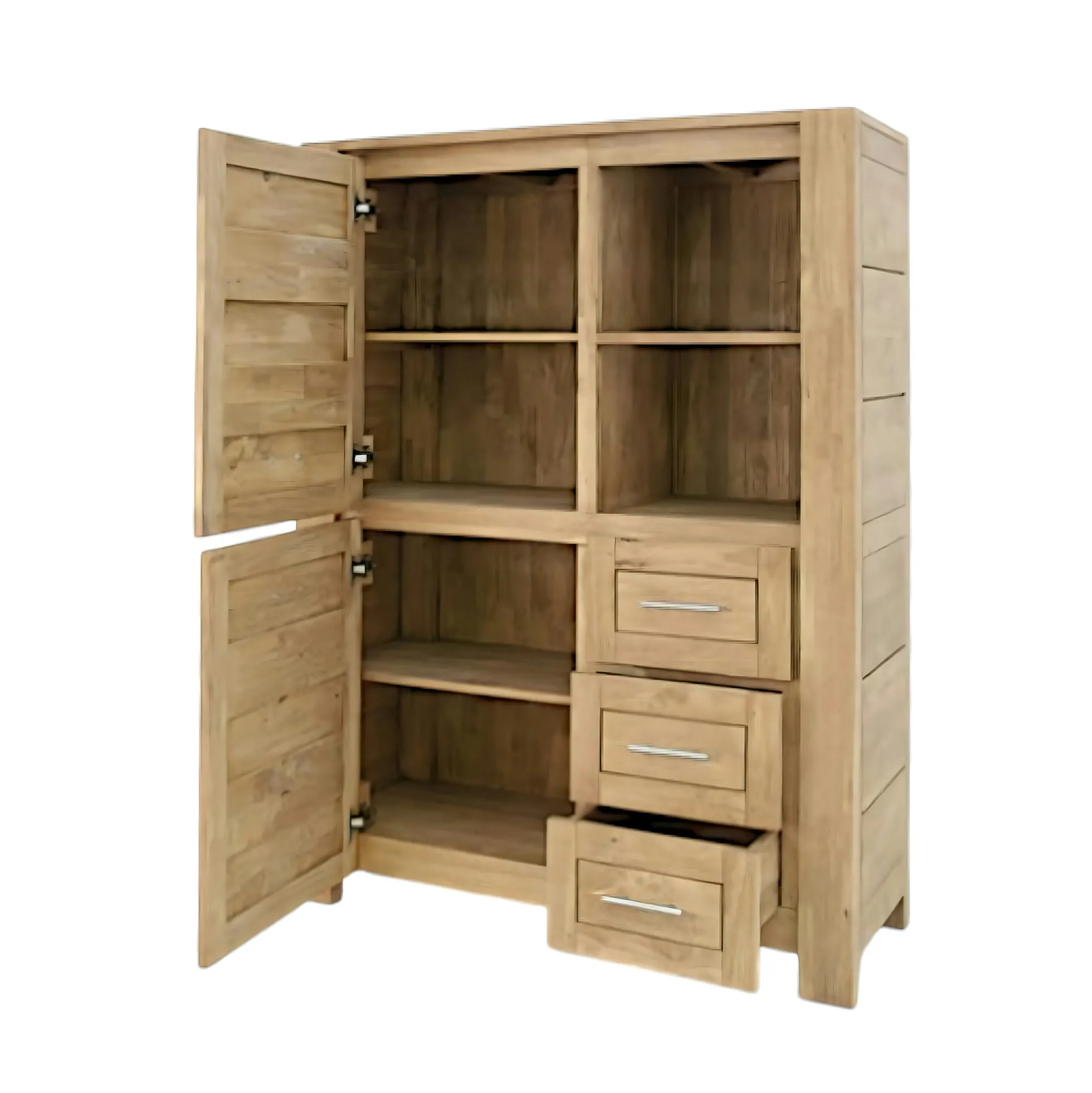 Buffet haut / Bibliothèque Hévéa 2 portes, 3 tiroirs, 2 niches 120x45x162cm ATTAN