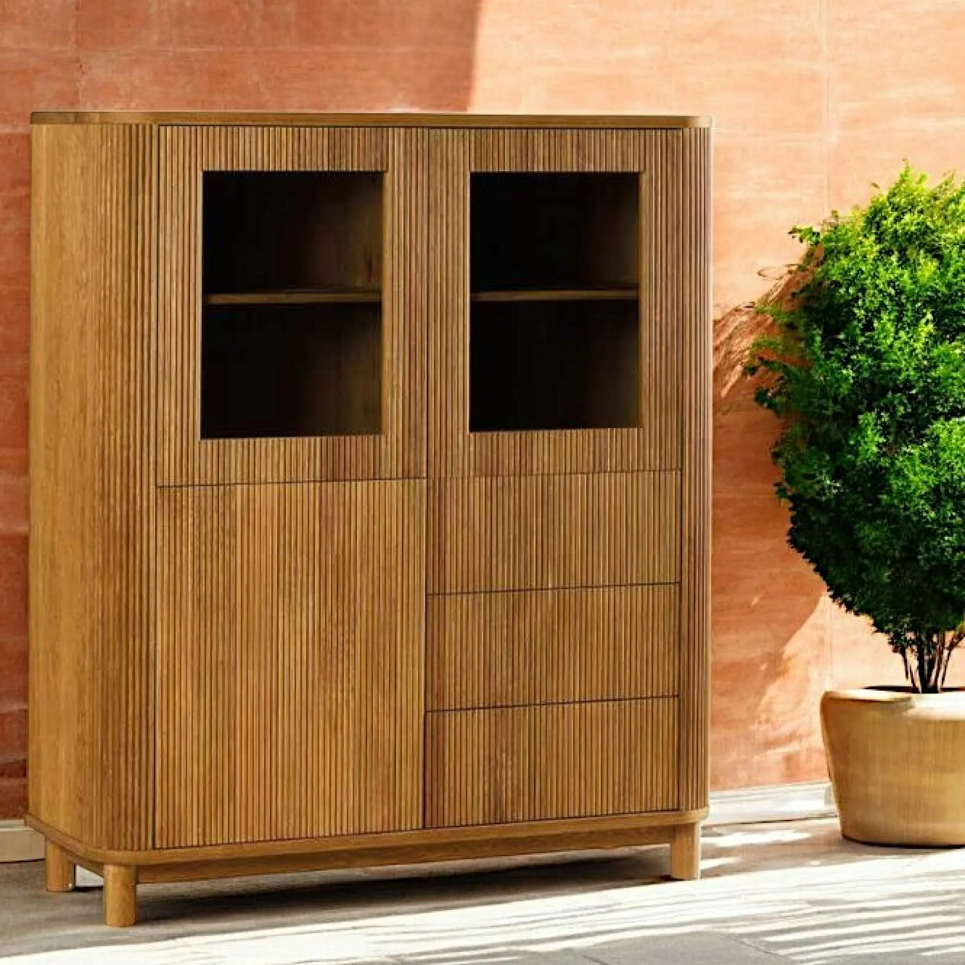 Buffet haut chêne rainuré 2 portes vitrées IENA