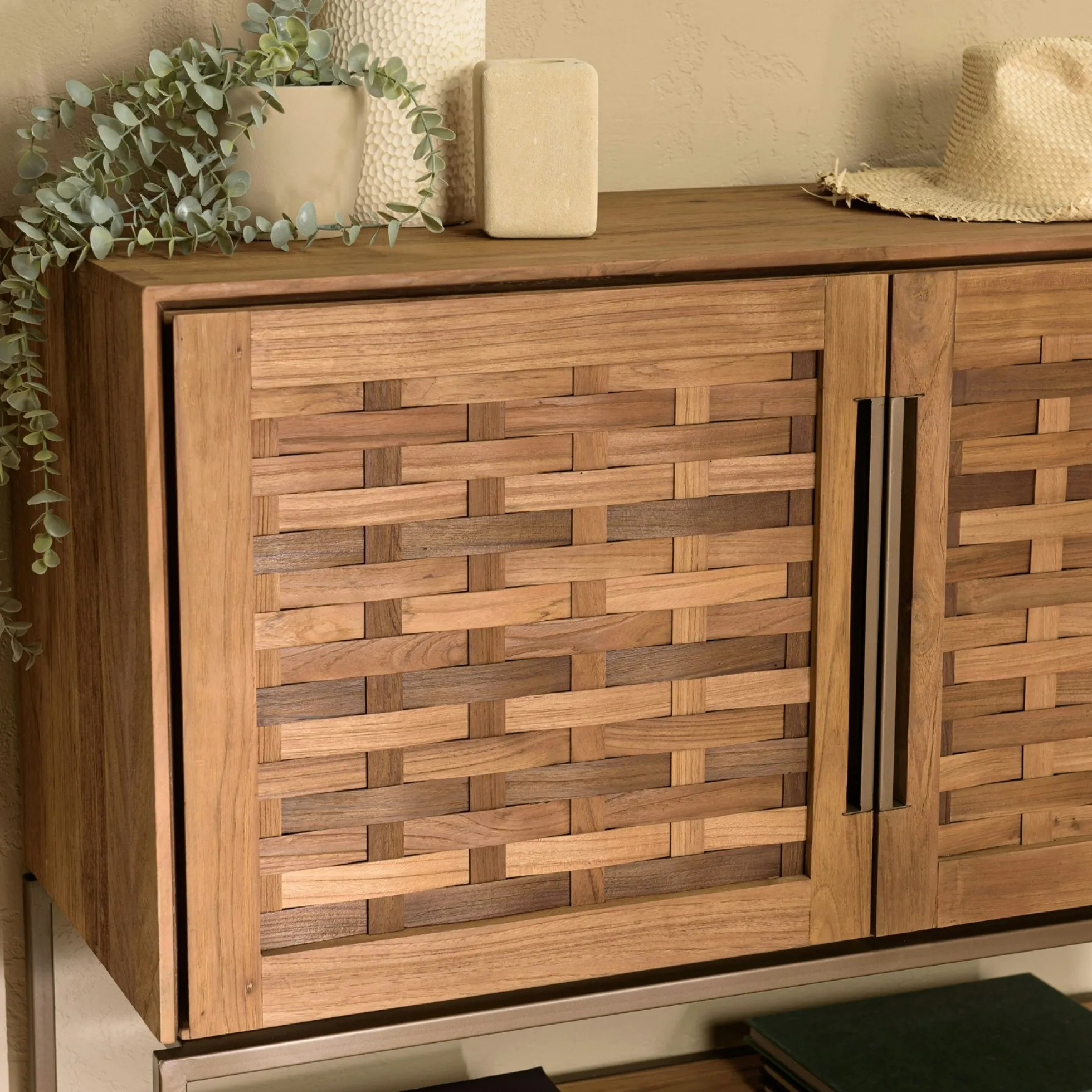 Buffet haut 105,5 cm 2 portes en teck recyclé sur pied SWING