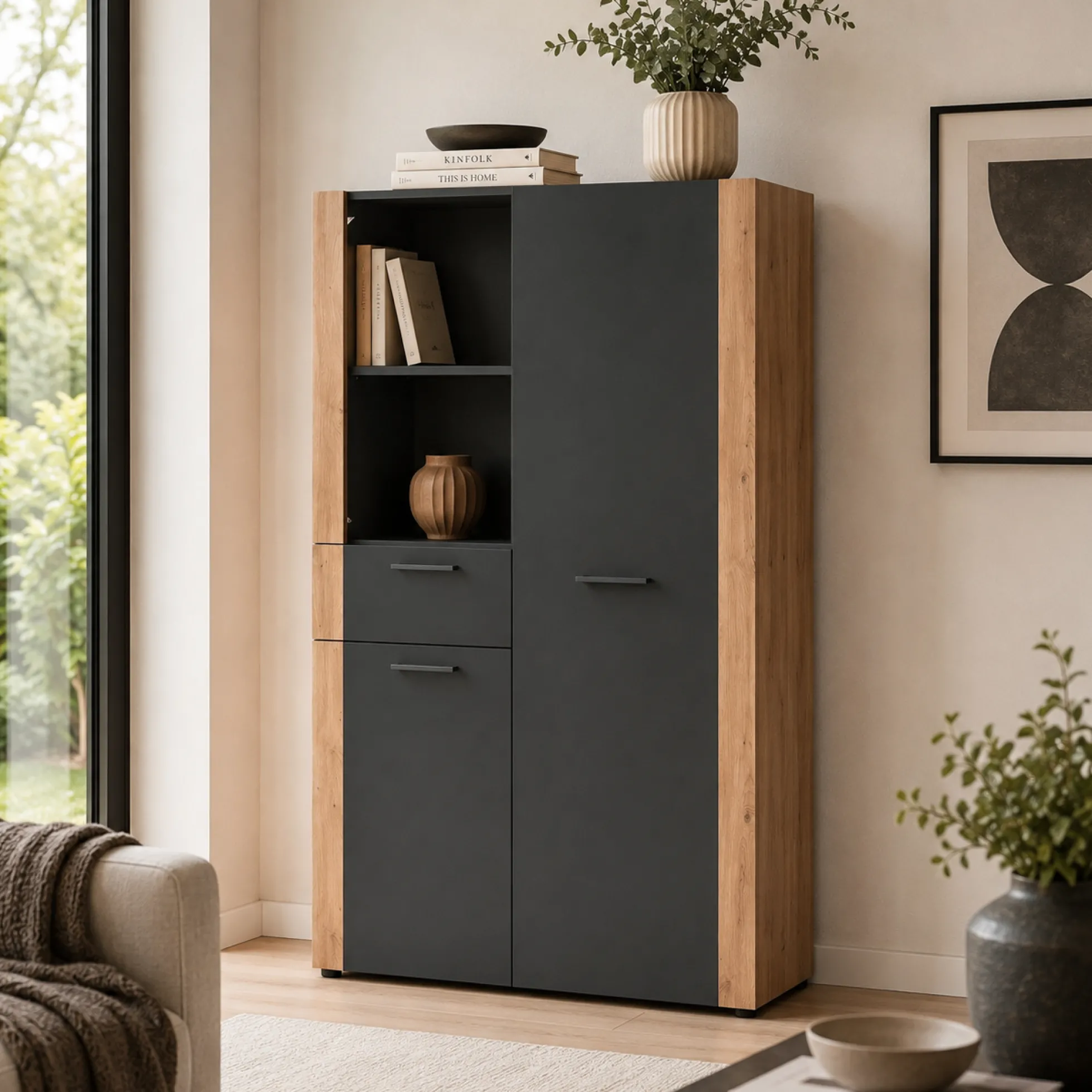 Buffet haut gris foncé 2 portes 1 tiroir ALVA