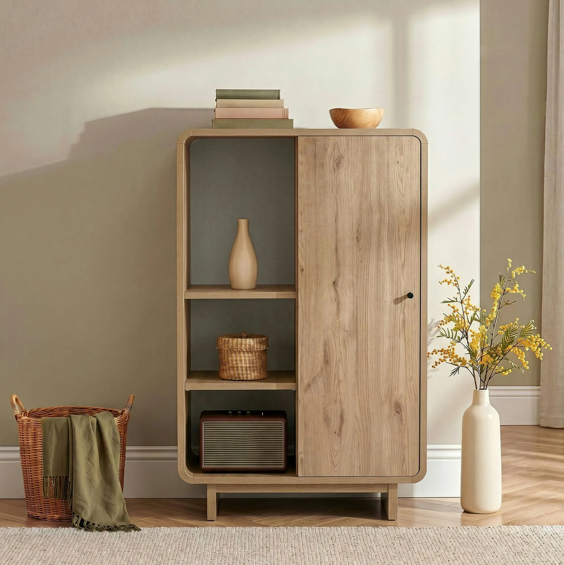 Buffet haut moderne décor chêne 1 porte 3 étagères MARFA
