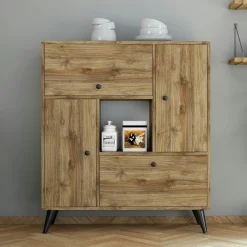 Buffet haut moderne 4 portes niche centrale, effet noyer JENA