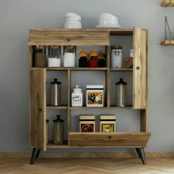 Buffet haut moderne 4 portes niche centrale, effet noyer JENA
