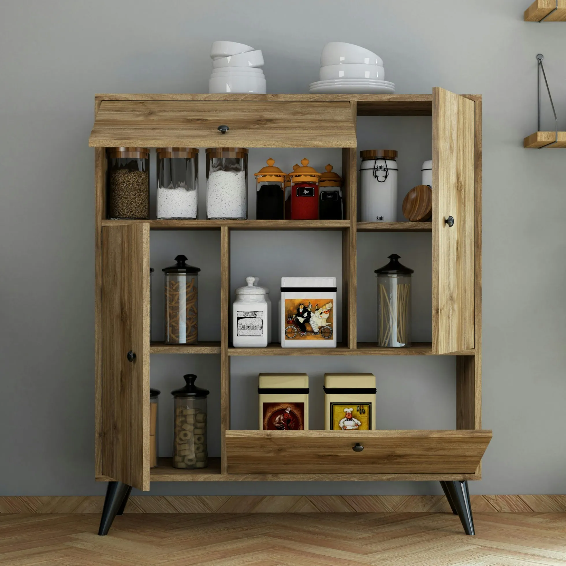 Buffet haut moderne 4 portes niche centrale, effet noyer JENA