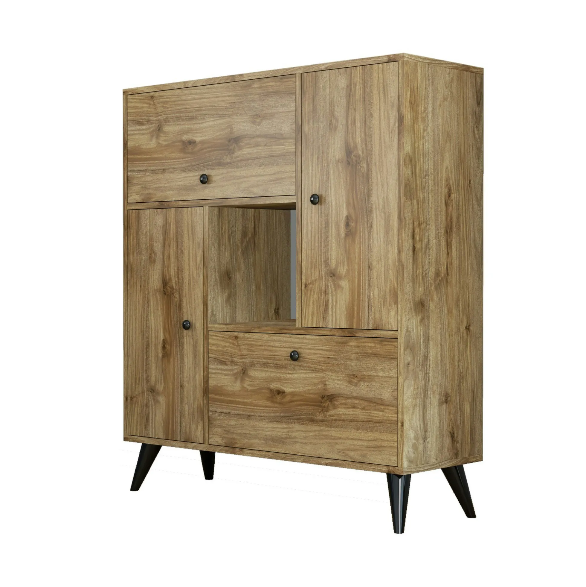Buffet haut moderne 4 portes niche centrale, effet noyer JENA