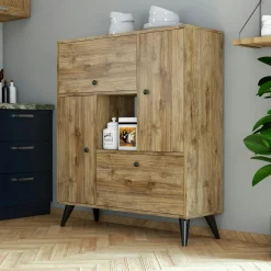 Buffet haut moderne 4 portes niche centrale, effet noyer JENA