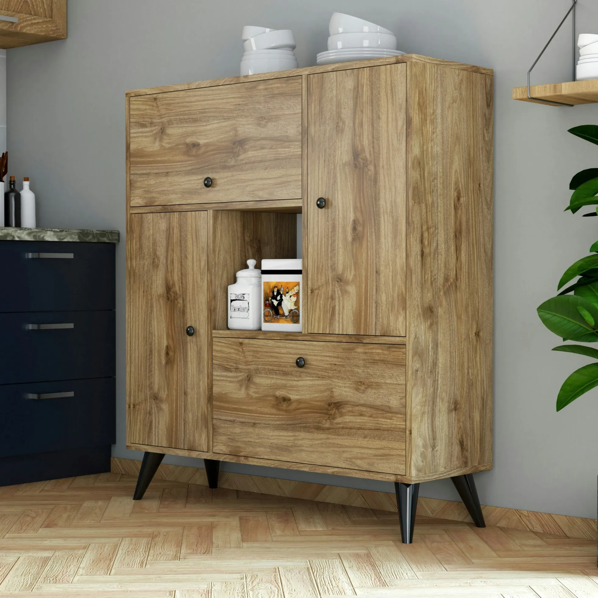 Buffet haut moderne 4 portes niche centrale, effet noyer JENA