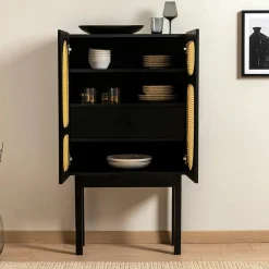 Buffet haut noir 2 portes à cannage organique VAREN