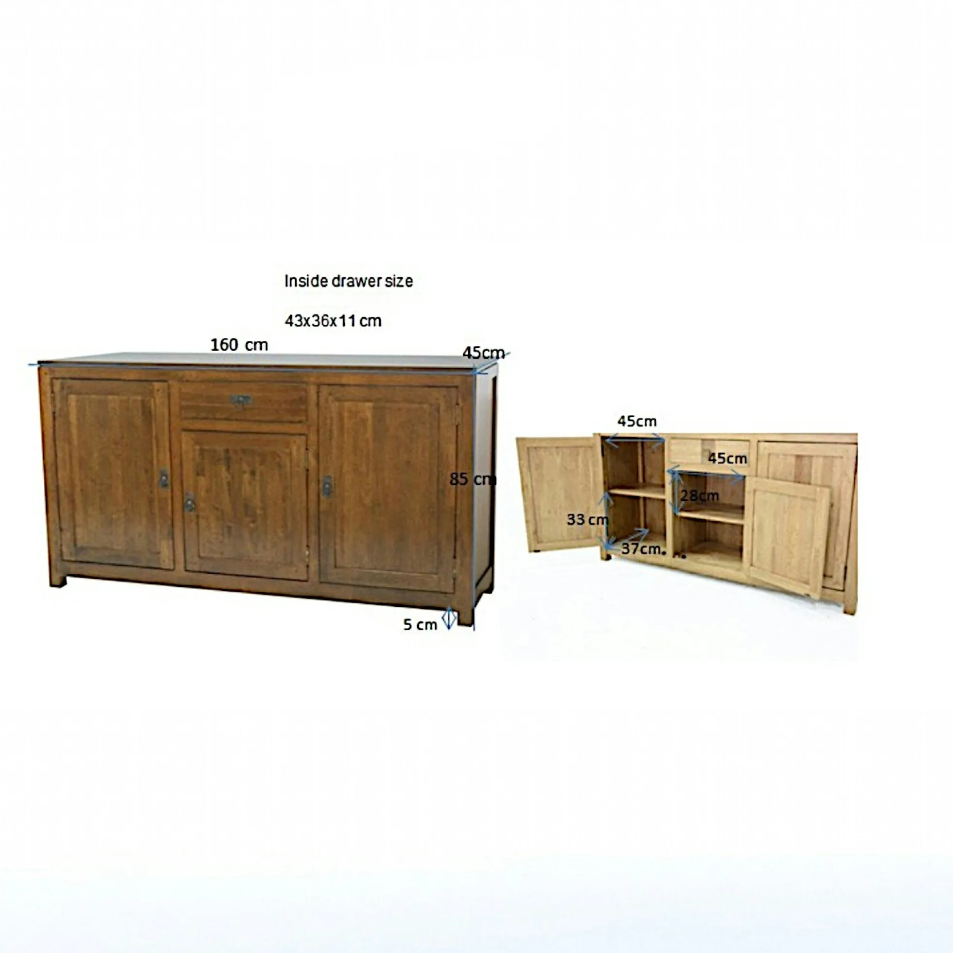 Buffet Hévéa 3 portes, 1 tiroir, 160x45x85cm HELENA