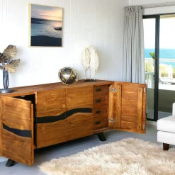 Buffet moderne bois recyclé teck laque noire 200 cm BARBADE