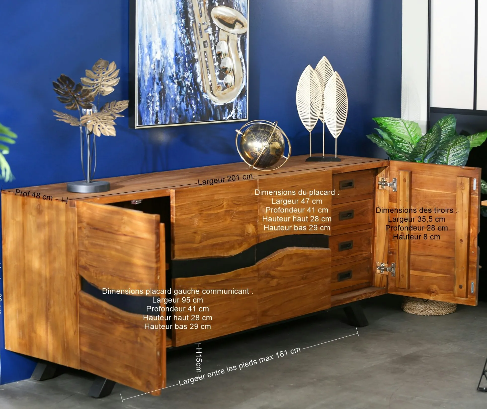 Buffet moderne bois recyclé teck laque noire 200 cm BARBADE