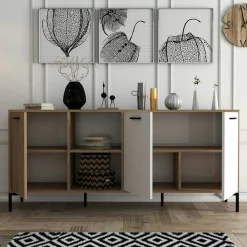 Buffet moderne effet bois et blanc, niches ouvertes JENA