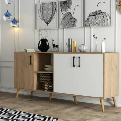 Buffet moderne effet bois et blanc, pieds obliques MARFA