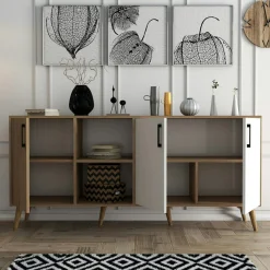 Buffet moderne effet bois et blanc, pieds obliques MARFA