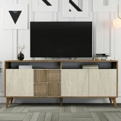 Buffet moderne effet bois et travertin 4 portes 2 niches UMEA
