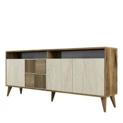 Buffet moderne effet bois et travertin 4 portes 2 niches UMEA