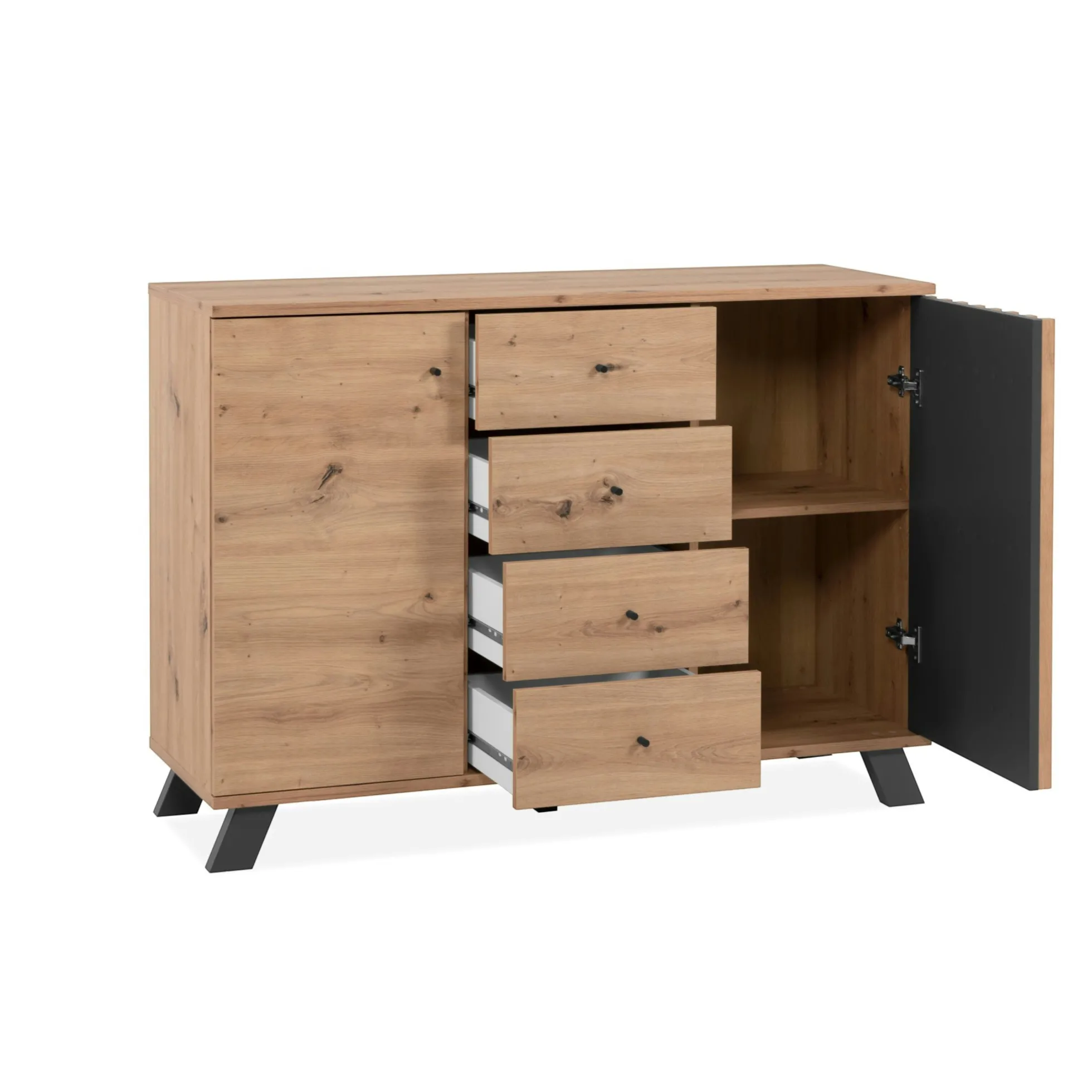 Buffet moderne 1 porte noire rainurée 4 tiroirs ALVA
