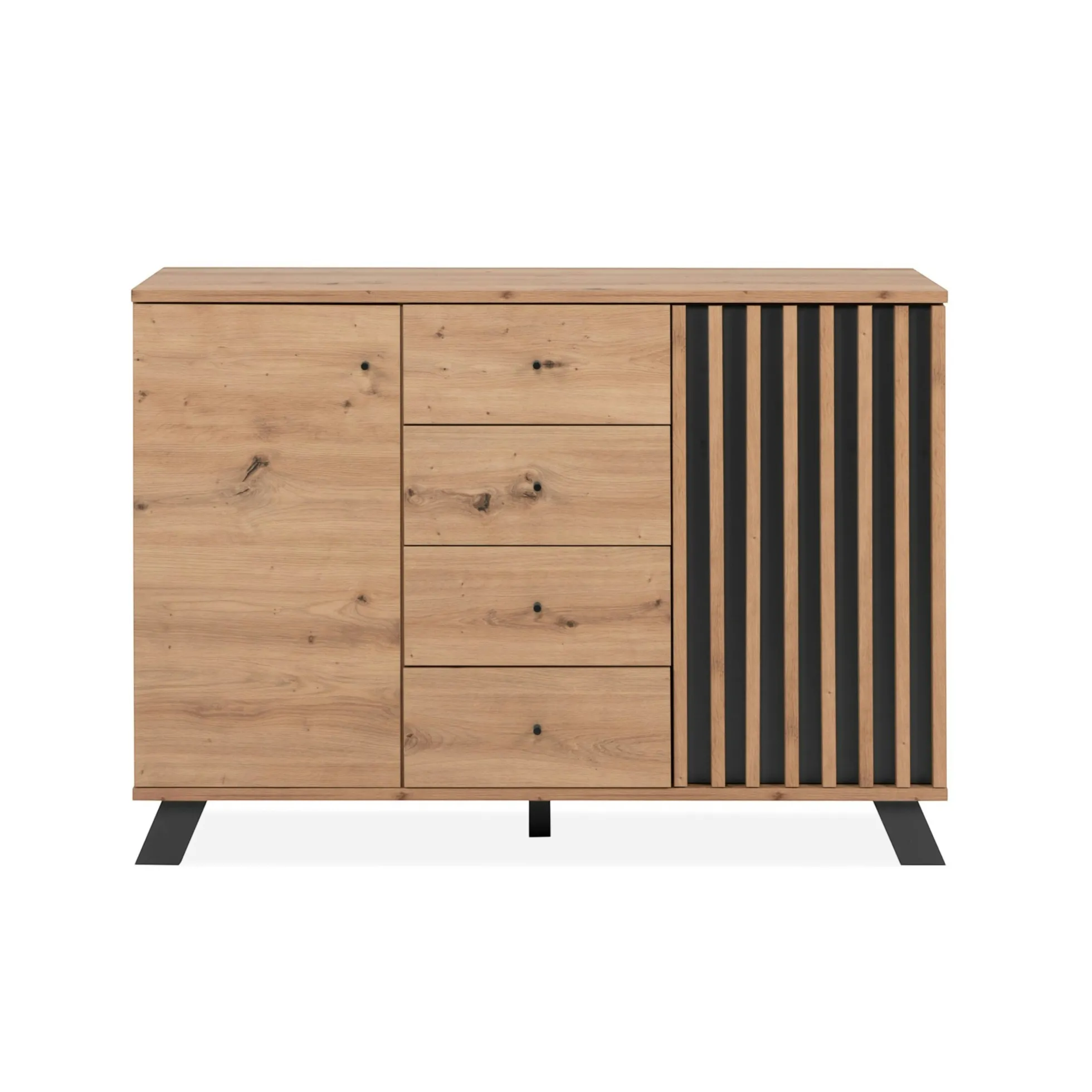 Buffet moderne 1 porte noire rainurée 4 tiroirs ALVA
