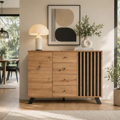 Buffet moderne 1 porte noire rainurée 4 tiroirs ALVA