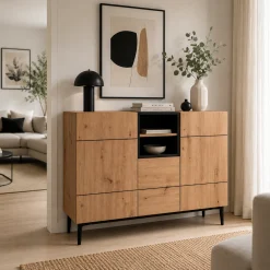 Buffet moderne 3 portes décor bois et noir ALVA