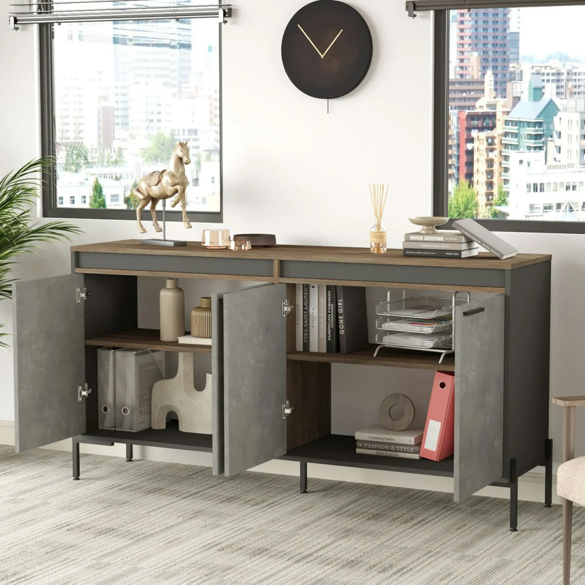 Buffet moderne 4 portes décor bois foncé, béton et gris JENA