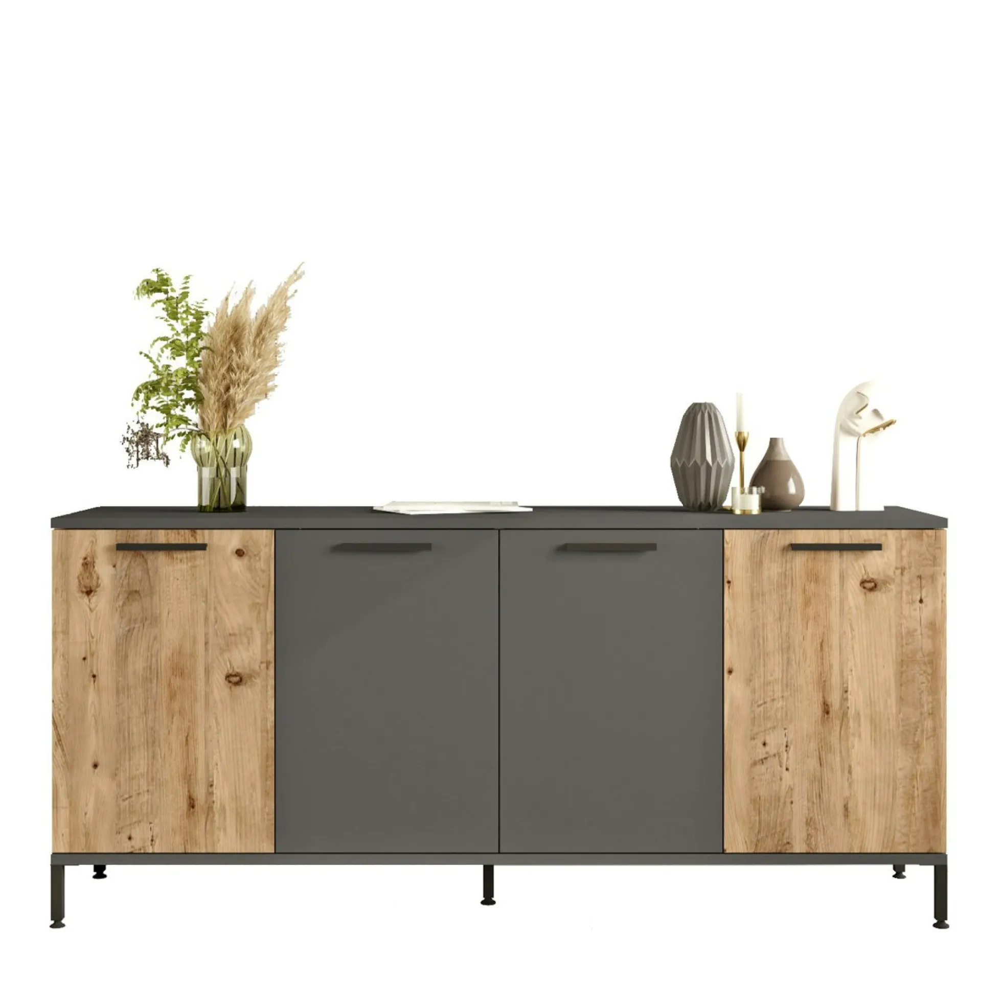 Buffet moderne 4 portes effet bois et anthracite JENA