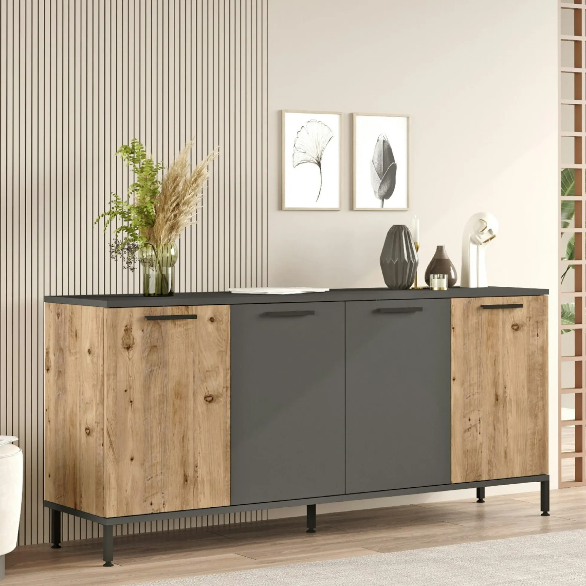 Buffet moderne 4 portes effet bois et anthracite JENA