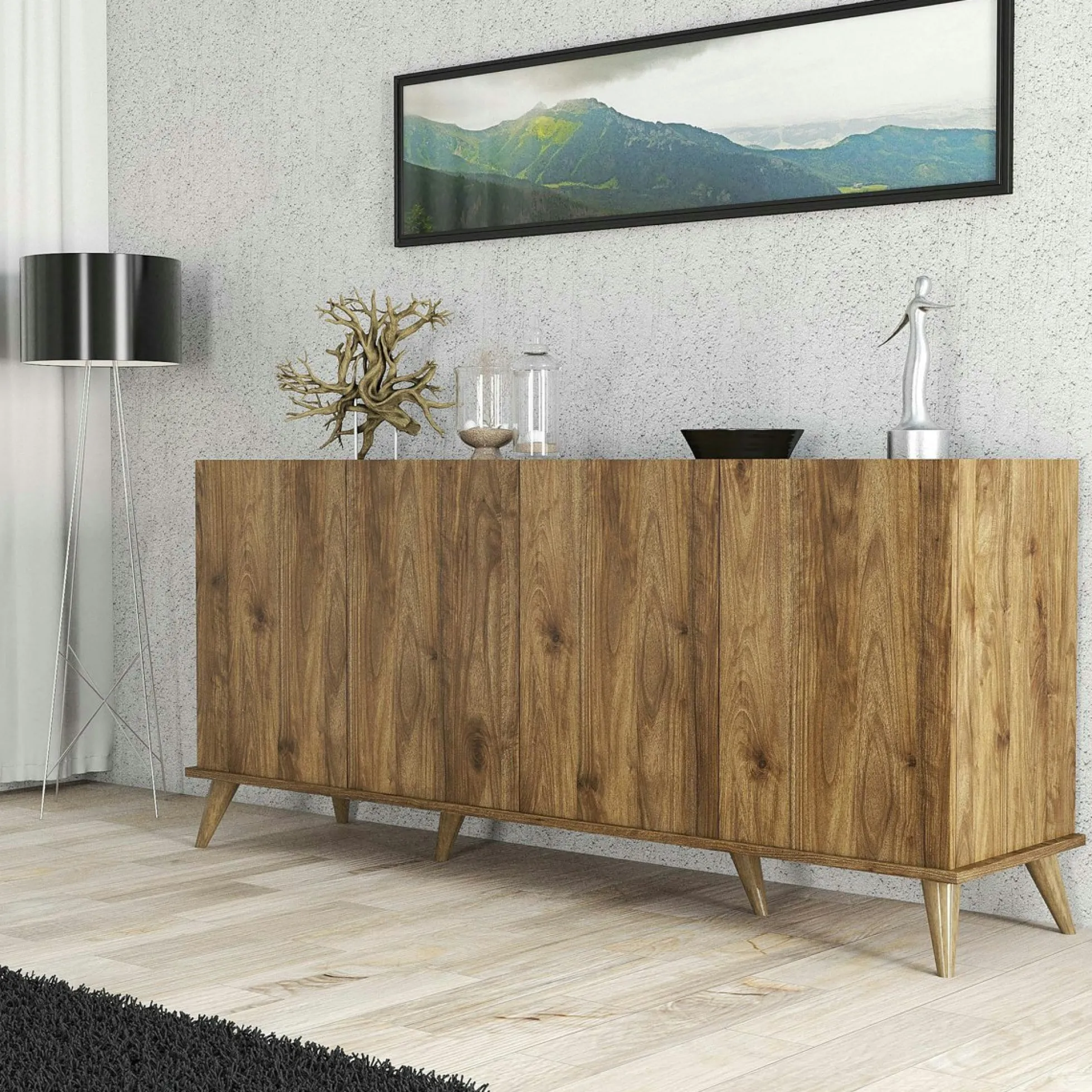 Buffet moderne 4 portes effet noyer, rebords hauts UMEA