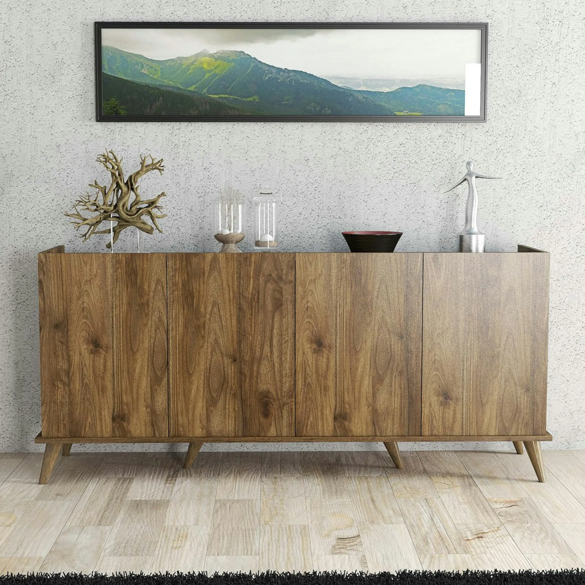 Buffet moderne 4 portes effet noyer, rebords hauts UMEA