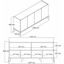 Buffet moderne 4 portes effet noyer, rebords hauts UMEA