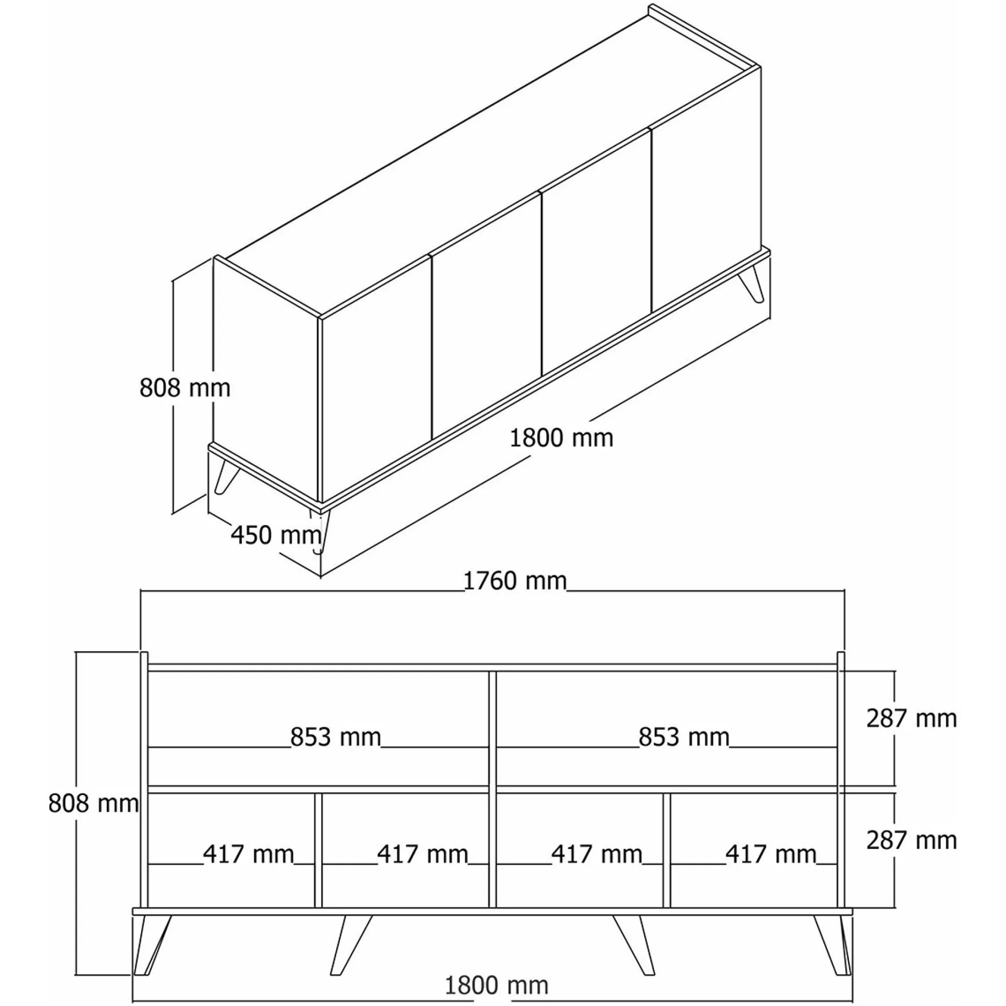 Buffet moderne 4 portes effet noyer, rebords hauts UMEA
